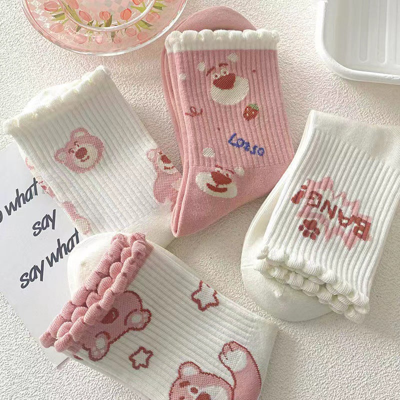Cute Novelty Crew Socks for Women | Pink Cartoon Cotton Socks