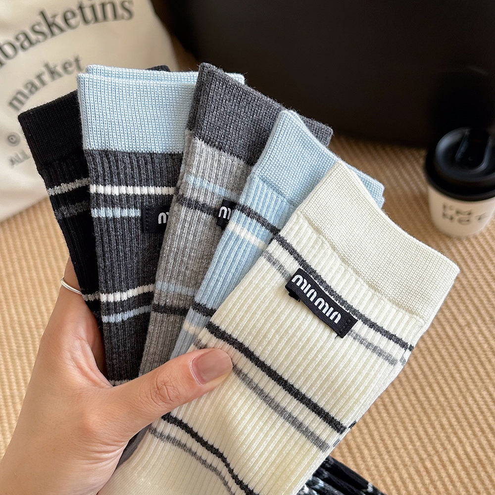 Women's Striped Cotton Crew Socks | Trendy Mid-Calf Socks