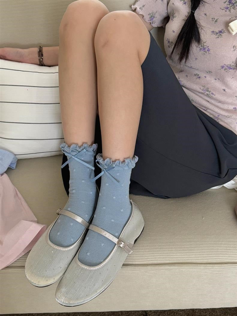 Ruffled Polka Dot Crew Socks for Women | Breathable Bow Socks