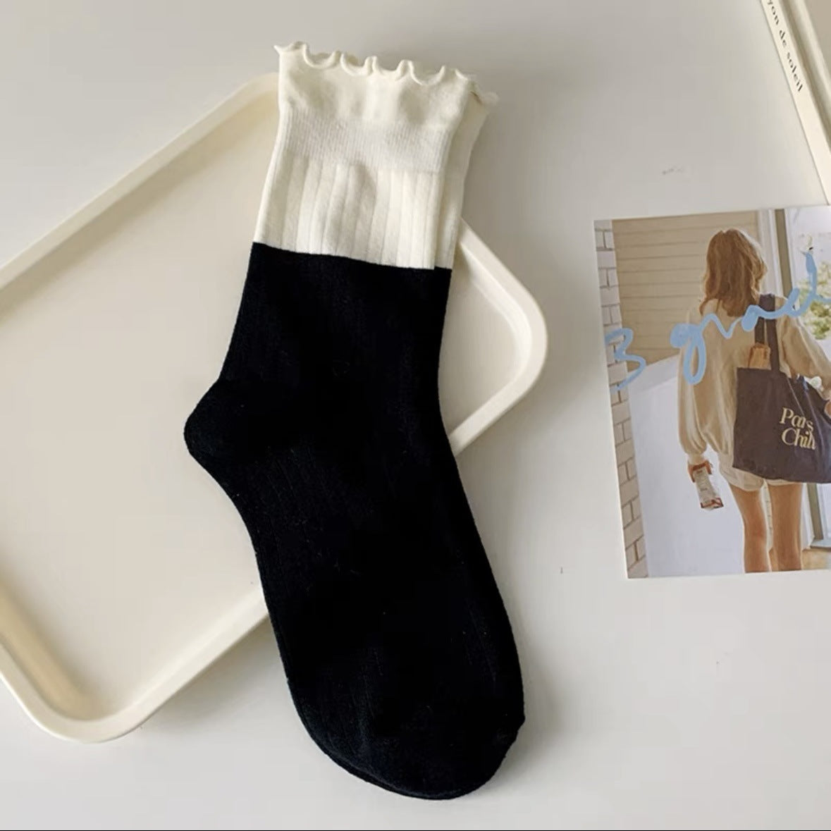 Cute Colorblock Ruffled Cotton Crew Socks for Women