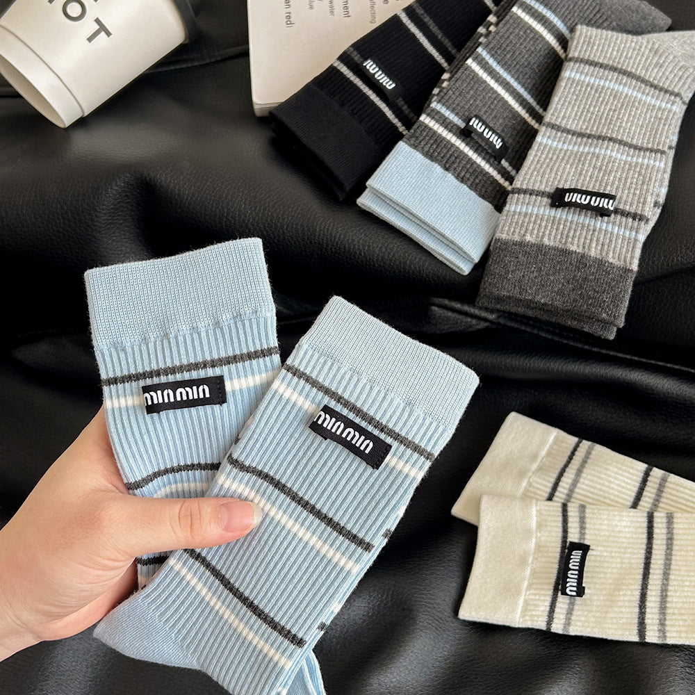 Women's Striped Cotton Crew Socks | Trendy Mid-Calf Socks