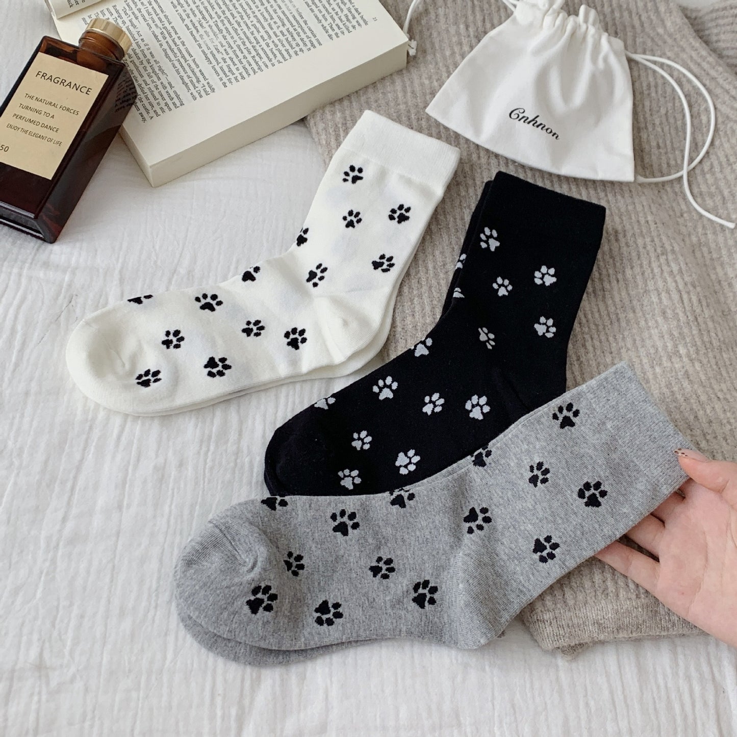 Playful Cat Paw Cotton Crew Socks for Women | Casual Patterned