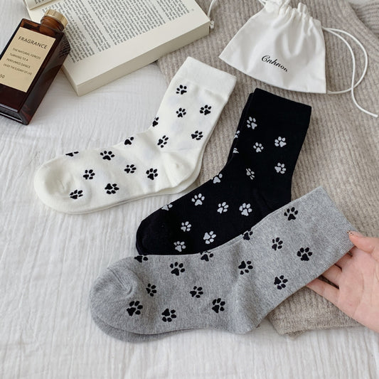 Playful Cat Paw Cotton Crew Socks for Women | Casual Patterned