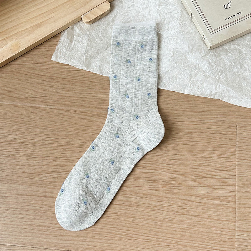 Floral Mesh Cotton Crew Socks for Women | Breathable Spring Summer