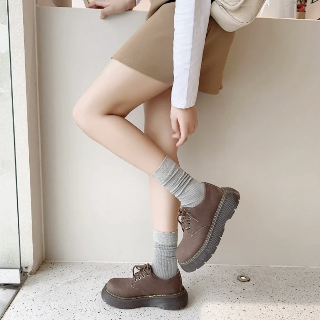 Ribbed Cotton Crew Socks for Women | Solid Warm Winter Socks