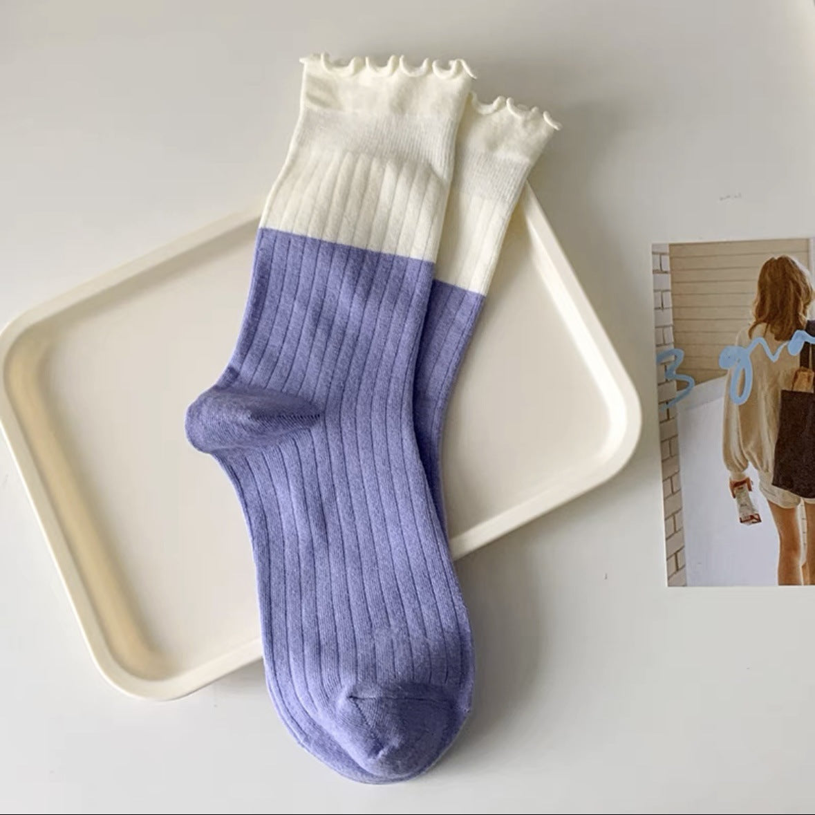 Cute Colorblock Ruffled Cotton Crew Socks for Women