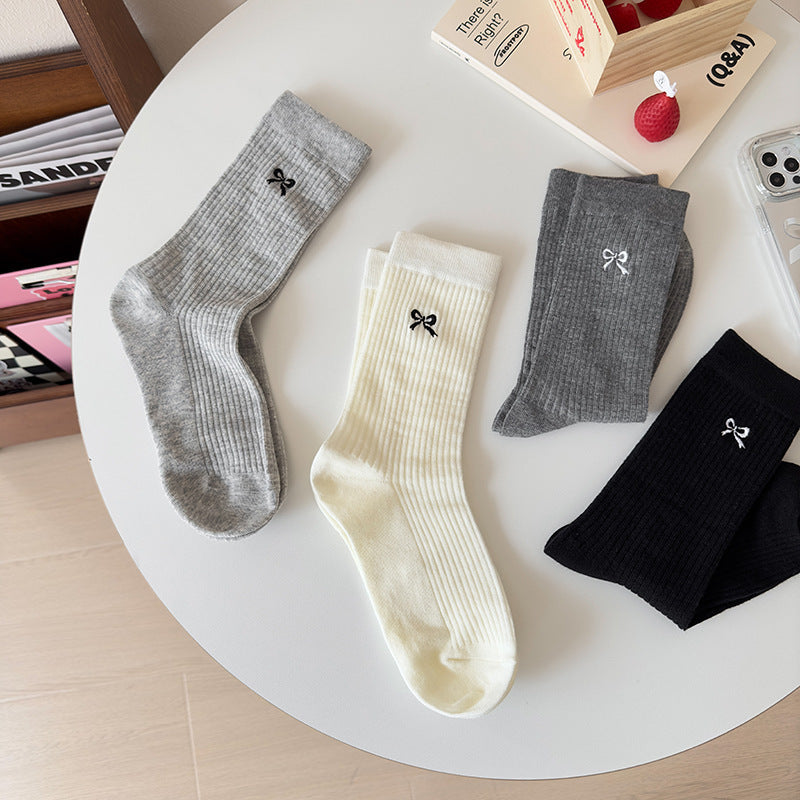 Embroidered Bow Cotton Crew Socks for Women | Casual Everyday Socks