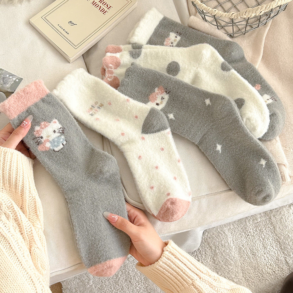 Cute Fuzzy Cozy Crew Socks | Hello Kitty Winter Socks for Women