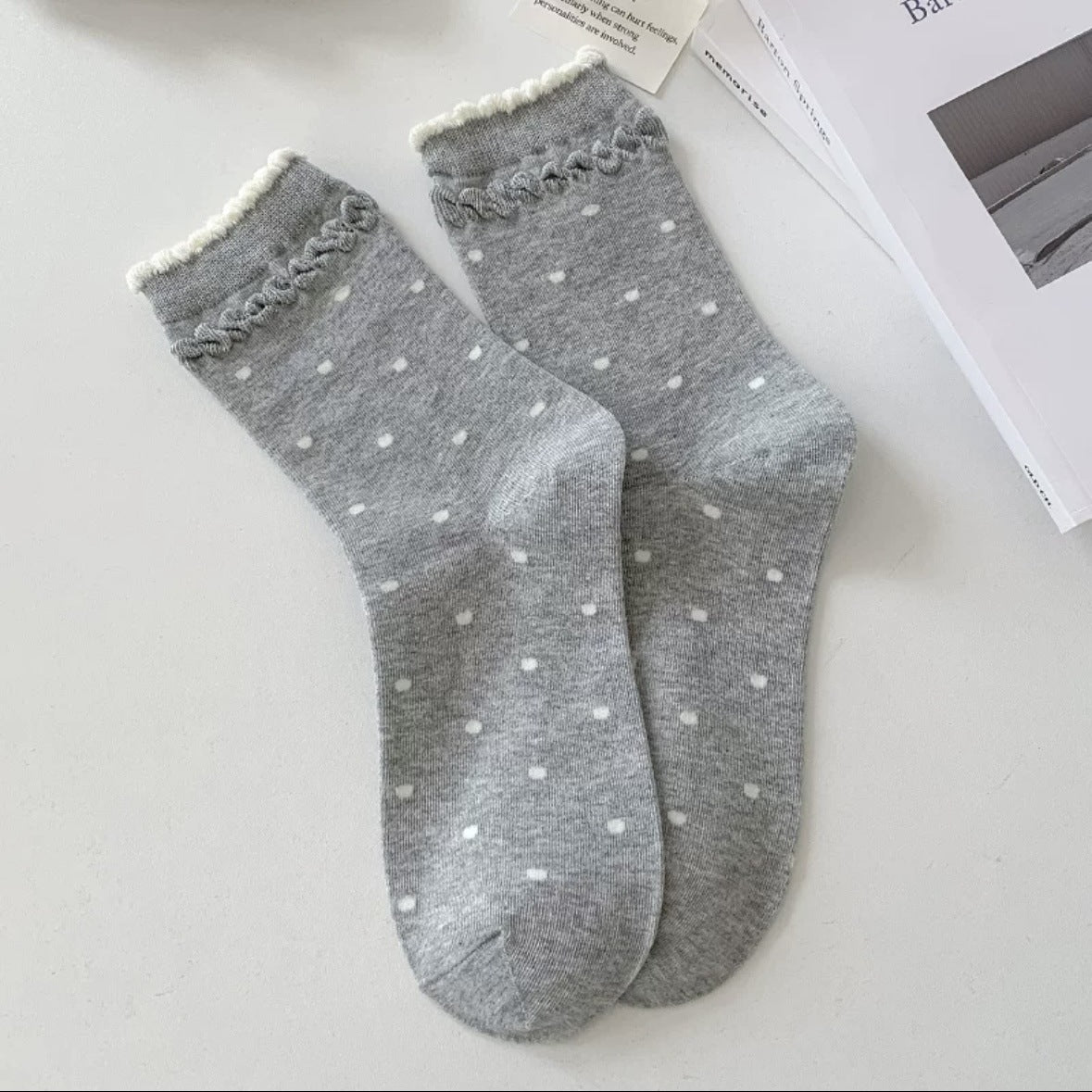 Polka Dot Cotton Crew Socks for Women | Ruffled Lace Trim