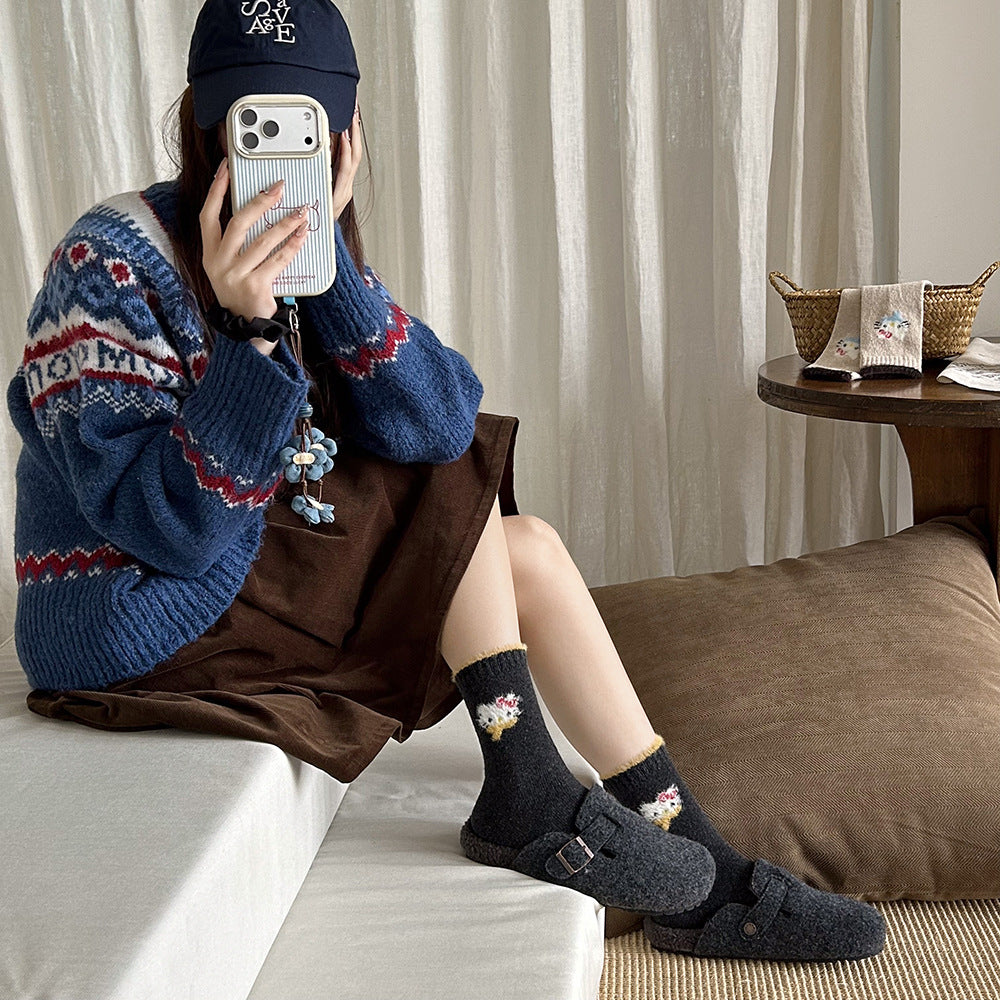 Cute Cozy Wool Crew Socks | Warm Winter Fuzzy Socks for Women