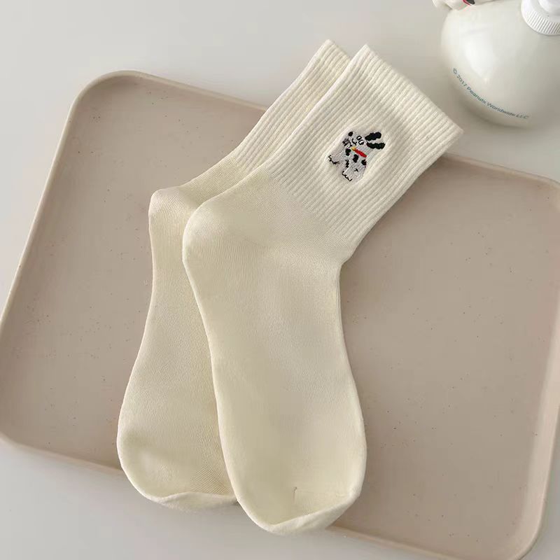 Cute Embroidered Striped Crew Socks for Women