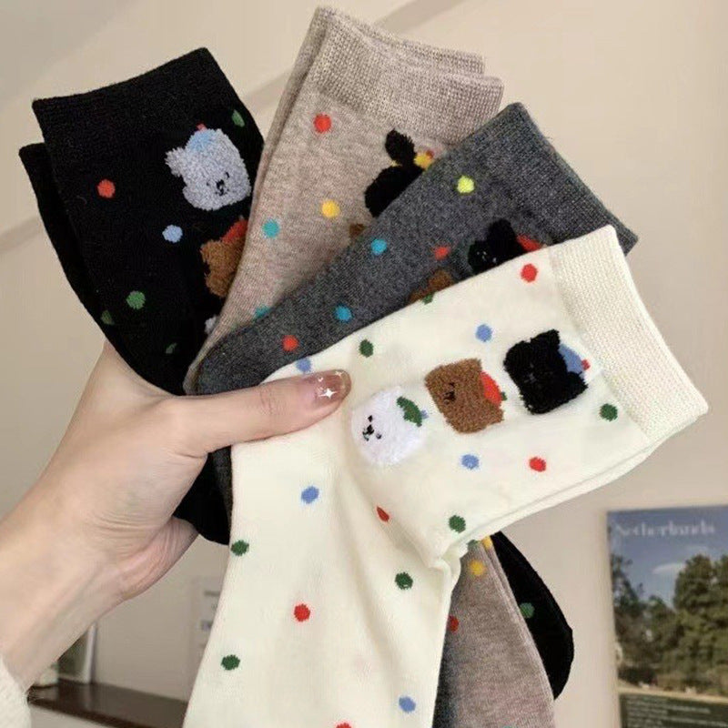 Cute Cotton Polka Dot Bear Crew Socks for Women