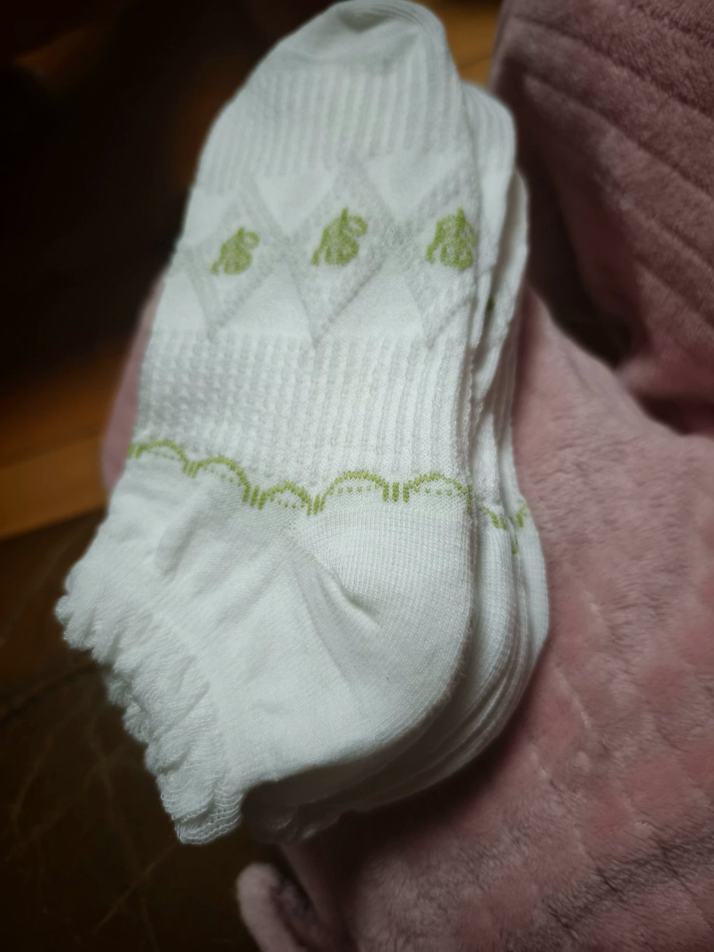 Cute Ruffled Ankle Socks for Women | Fresh White Green Cotton Socks