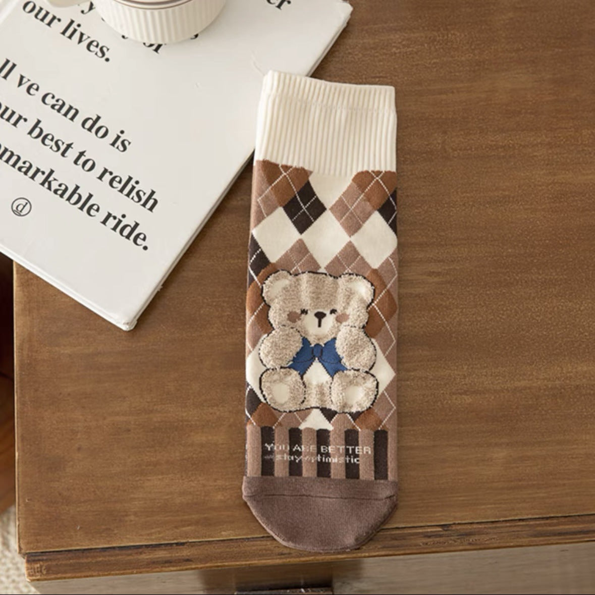 Cute Cotton Novelty Crew Socks | Checkered Bear Women's Socks