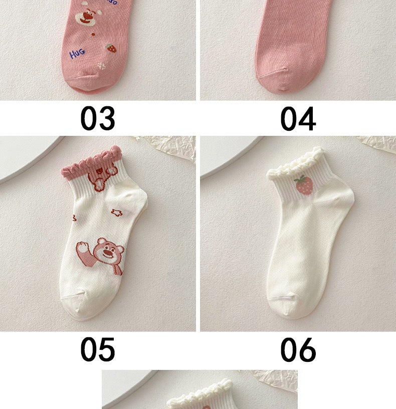 Cute Ruffled Ankle Socks for Women | Pink Strawberry Bear Cotton Socks