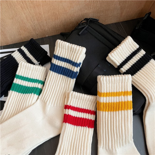 Striped Cotton Crew Socks | Casual Athletic Women's Mid Calf Socks
