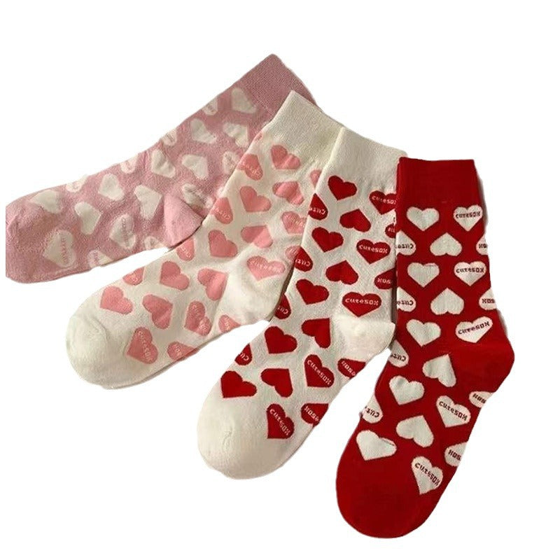 Cute Heart Print Crew Socks for Women | Soft Cotton Casual Socks