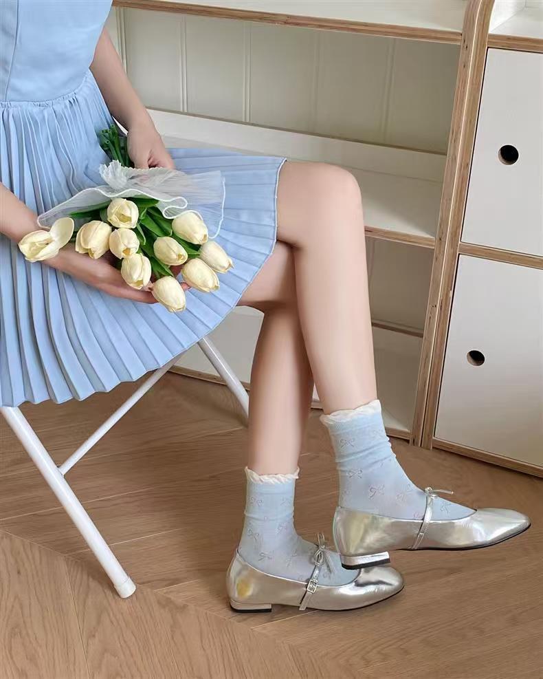 Ruffled Bow Cotton Crew Socks | Balletcore Socks for Women
