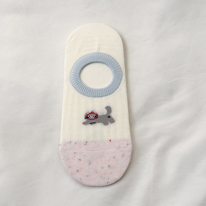 Cute Cotton No-Show Socks for Women | Non-Slip Cat Print