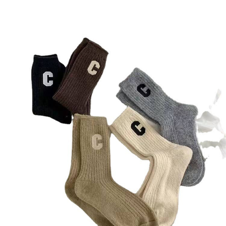 C-Logo Cotton Crew Socks for Women | Trendy Fall Winter Mid Calf