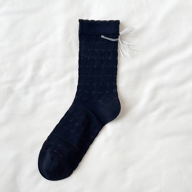 Sheer Cotton Crew Socks for Women | Bow Back Lace Trim