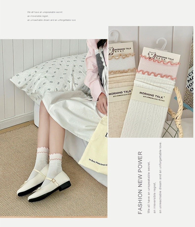 Women's Ruffled Cotton Crew Socks | Seamless Breathable Summer Socks