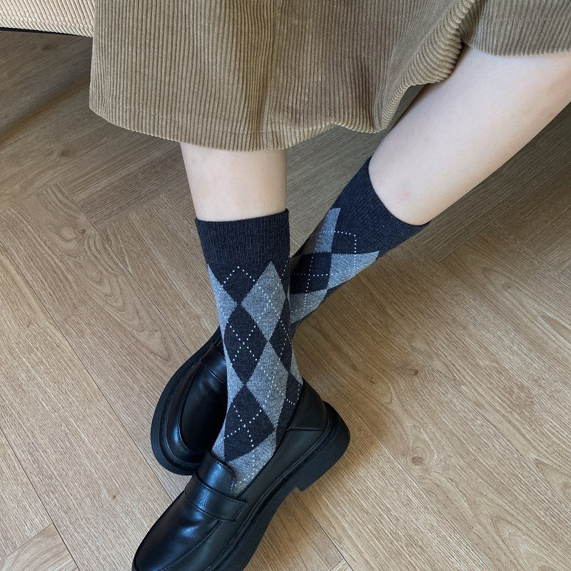Vintage Argyle Crew Socks for Women | Retro Patterned Mid-Calf Socks