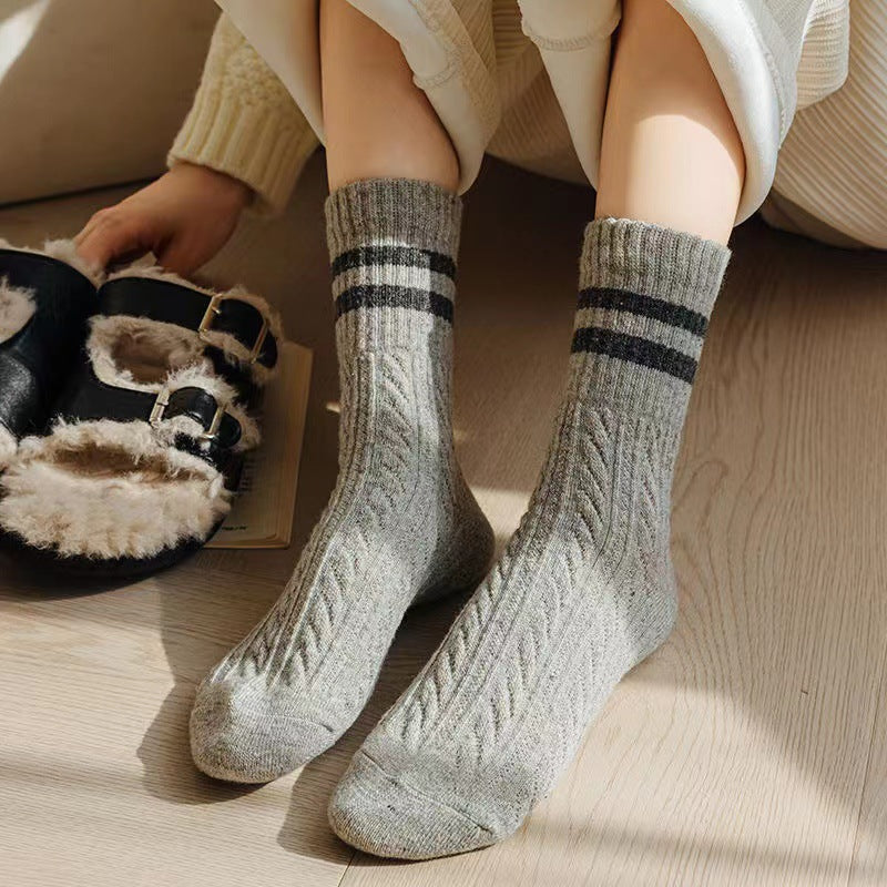 Cable Knit Two-Stripe Cozy Crew Socks for Women