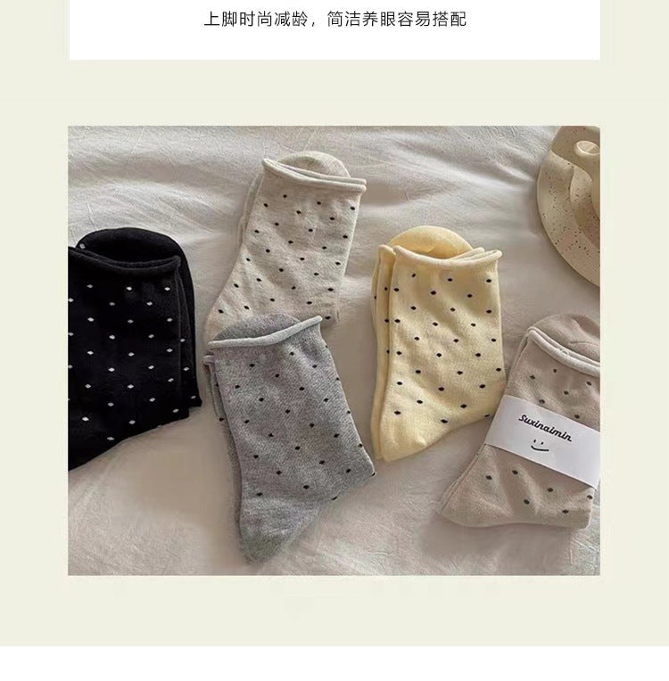 Polka Dot Cotton Crew Socks | Women's Rolled Edge Mid Calf Socks