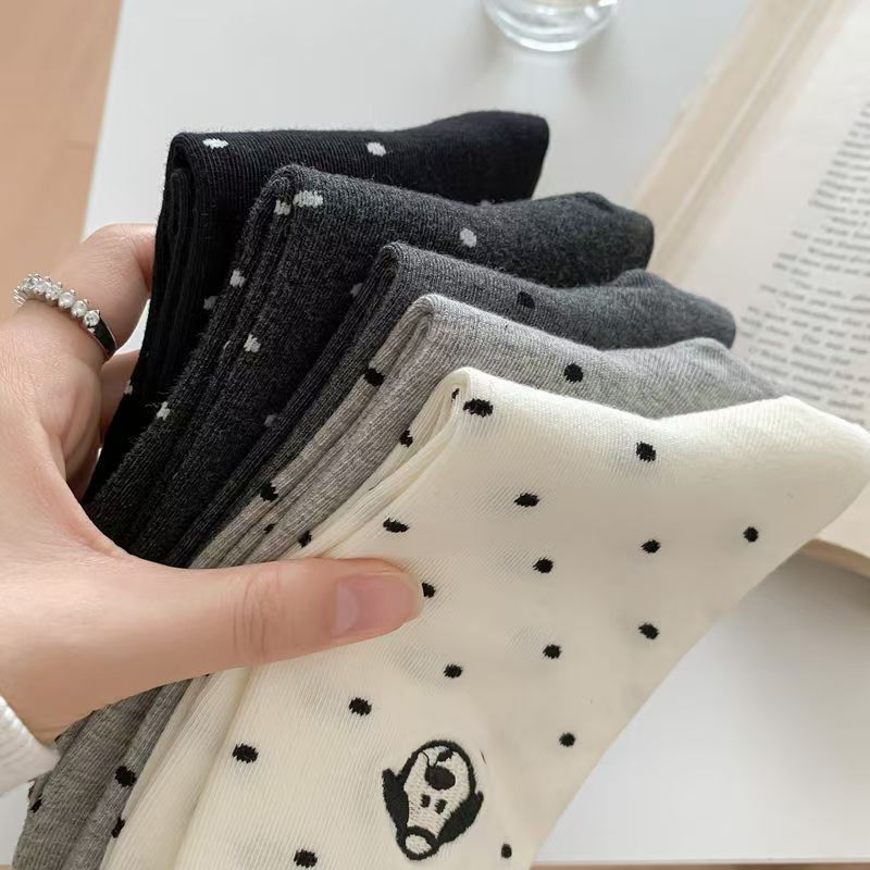 Cute Embroidered Dog Polka Dot Crew Socks for Women