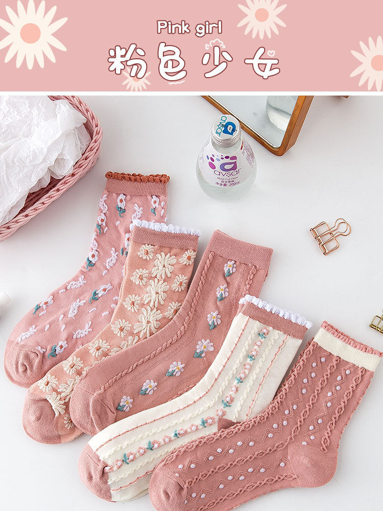 Women's Floral Pink Crew Socks | Cotton Textured Patterned Socks