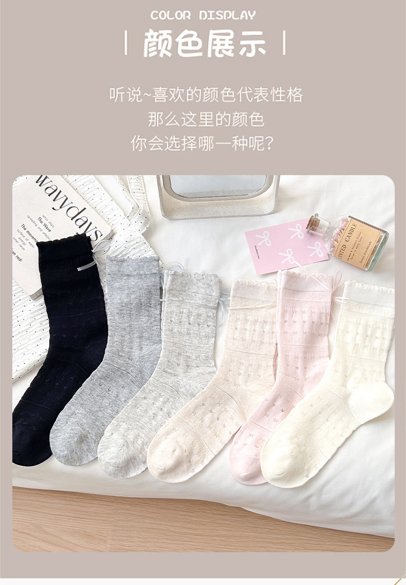 Sheer Cotton Crew Socks for Women | Bow Back Lace Trim