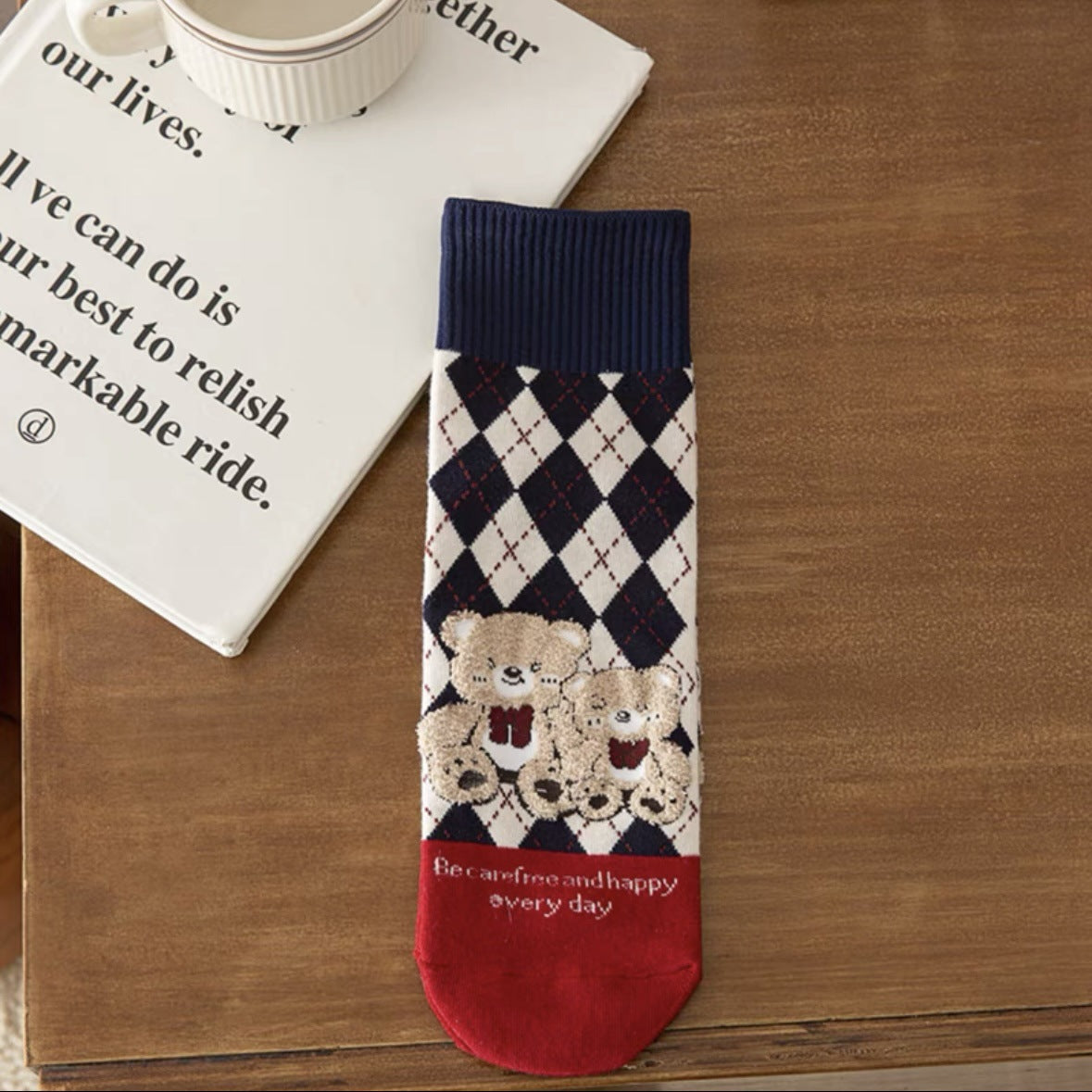 Cute Cotton Novelty Crew Socks | Checkered Bear Women's Socks