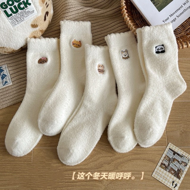 Fuzzy Warm Cozy Crew Socks | Cute Embroidered Winter Lounge Socks