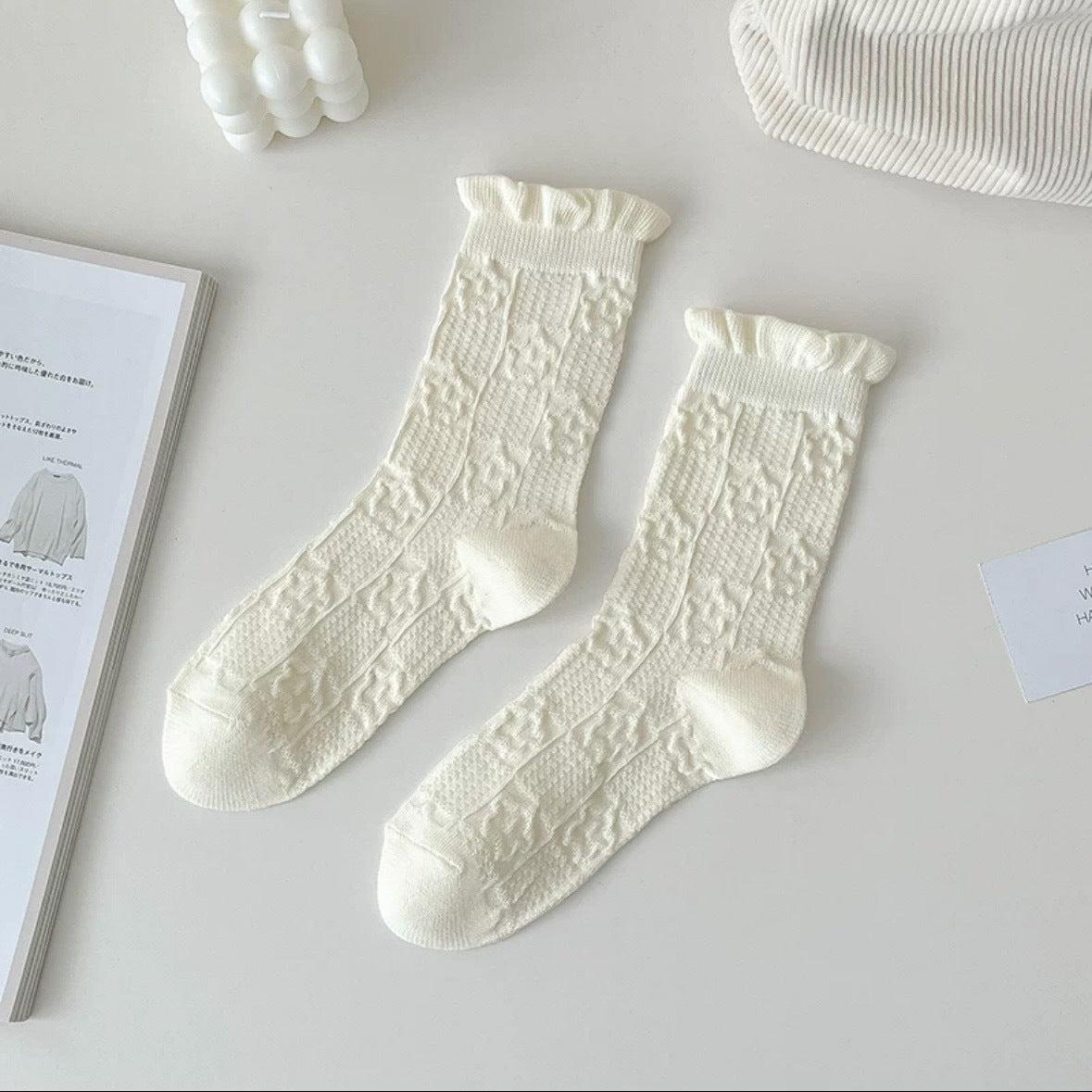 Cream Cotton Crew Socks for Women | Breathable Patterned Socks