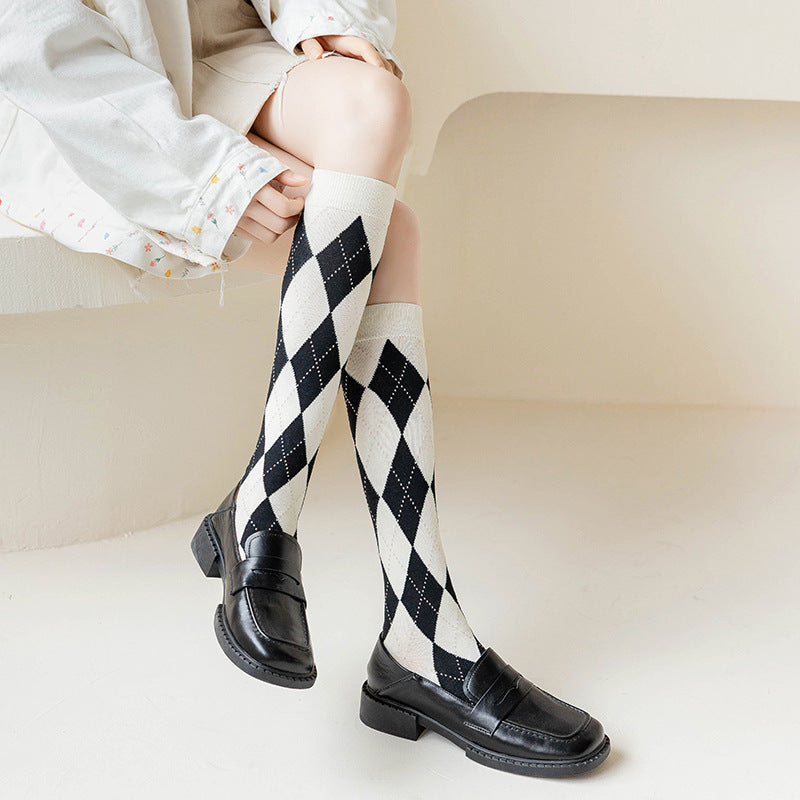Argyle Patterned Calf Socks for Women | Preppy Cotton Socks