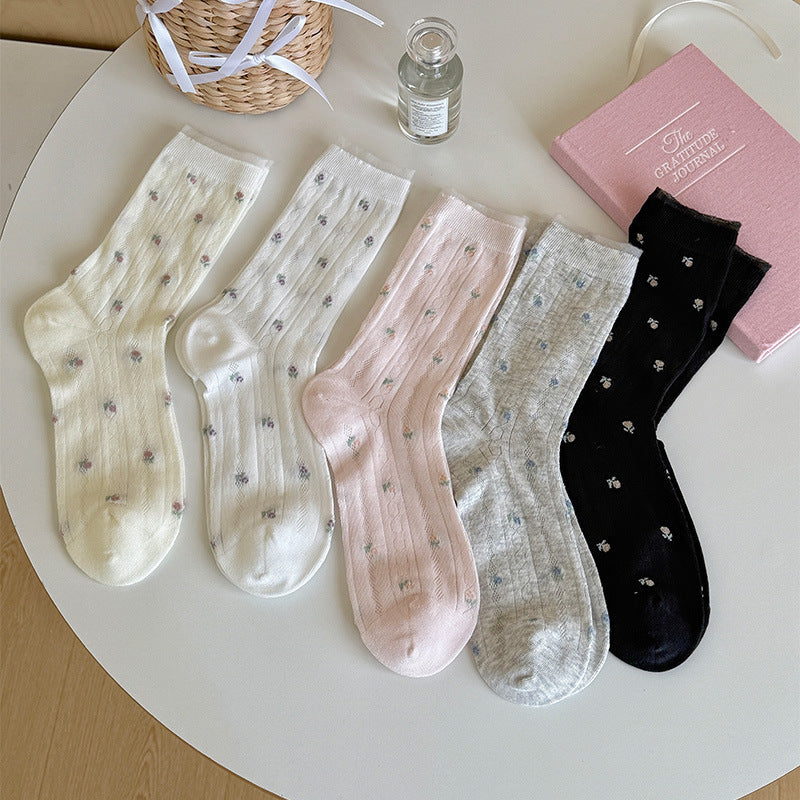 Floral Mesh Cotton Crew Socks for Women | Breathable Spring Summer