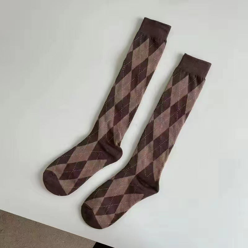 Argyle Patterned Calf Socks for Women | Preppy Cotton Socks