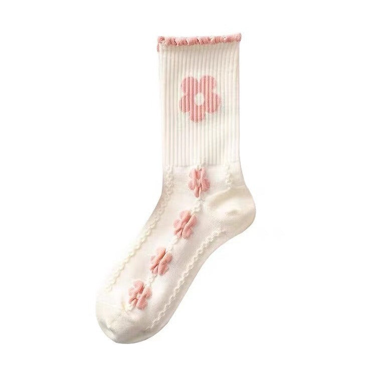 Cute Pink Floral Crew Socks for Women | Soft Cotton Patterned Socks