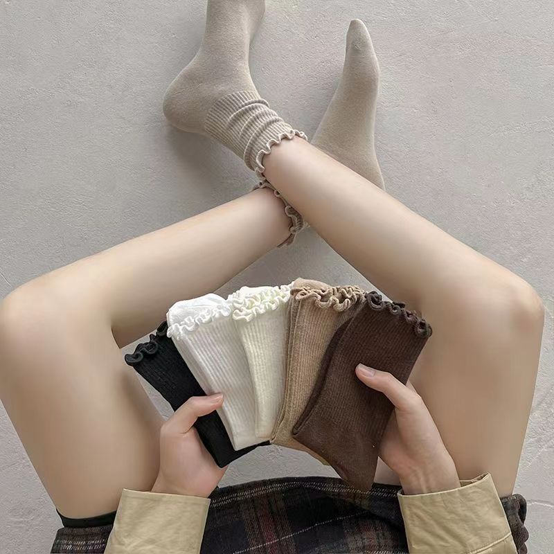 Ruffled Edge Crew Socks for Women | Neutral Cotton Everyday Socks