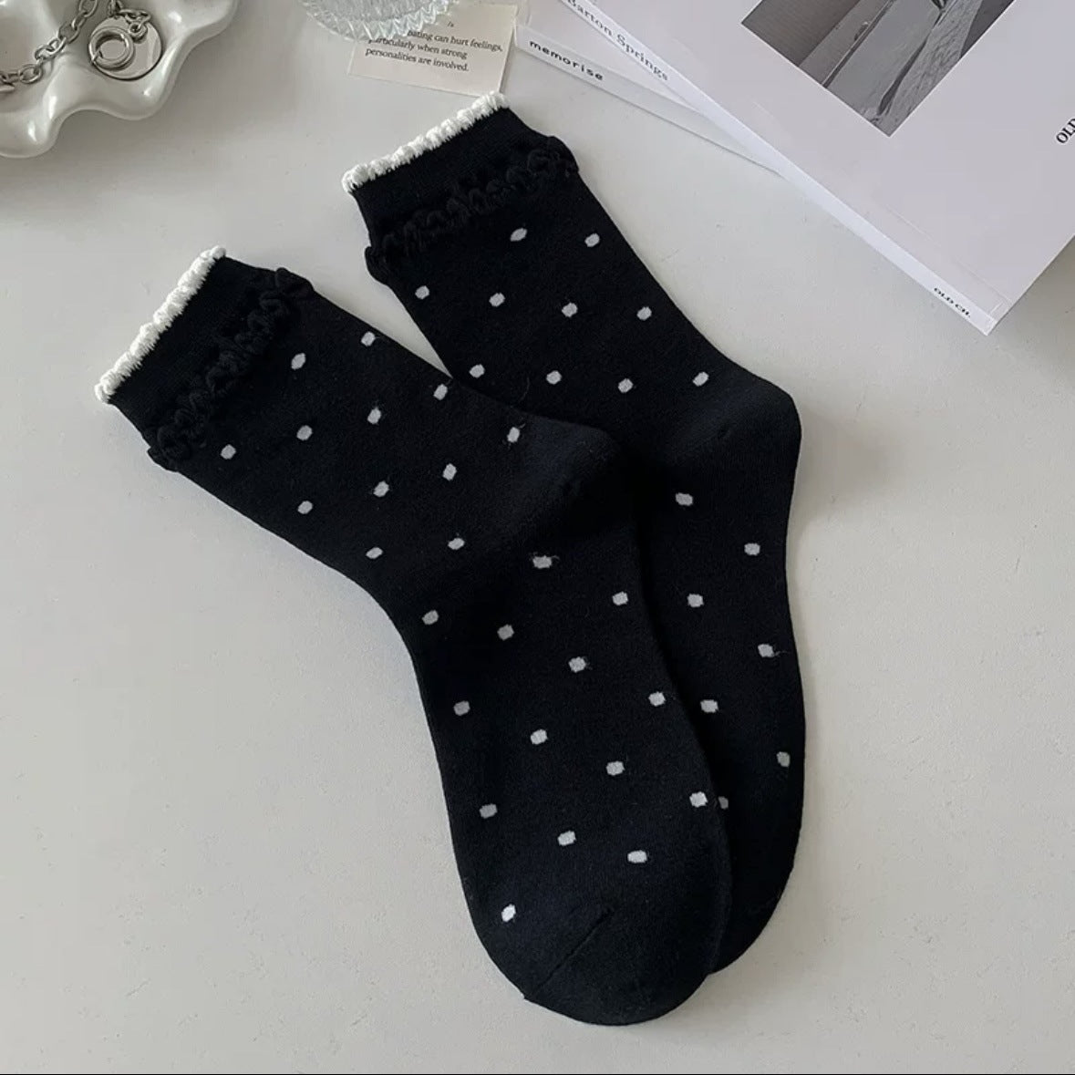 Polka Dot Cotton Crew Socks for Women | Ruffled Lace Trim