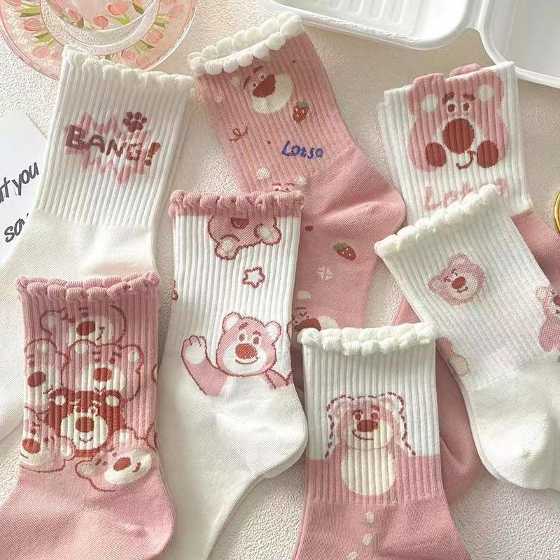 Cute Novelty Crew Socks for Women | Pink Cartoon Cotton Socks