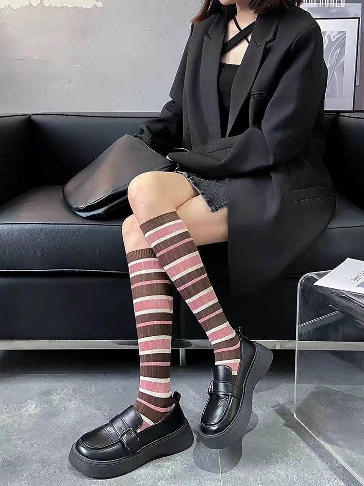 Pink Striped Knee High Socks | Women's Preppy Patterned Calf Socks