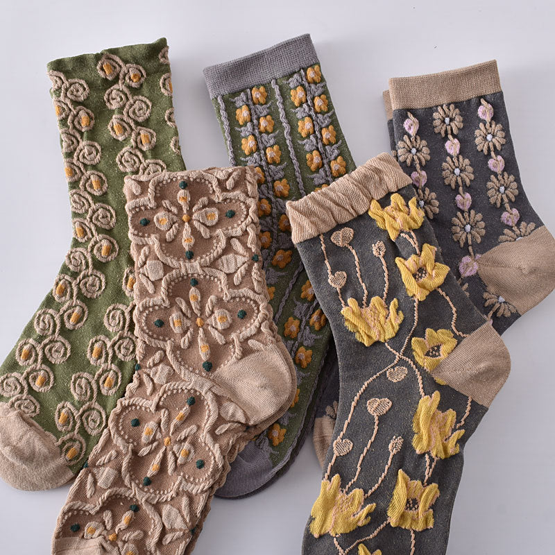 Vintage Floral Crew Socks for Women | Textured Retro Cotton Socks