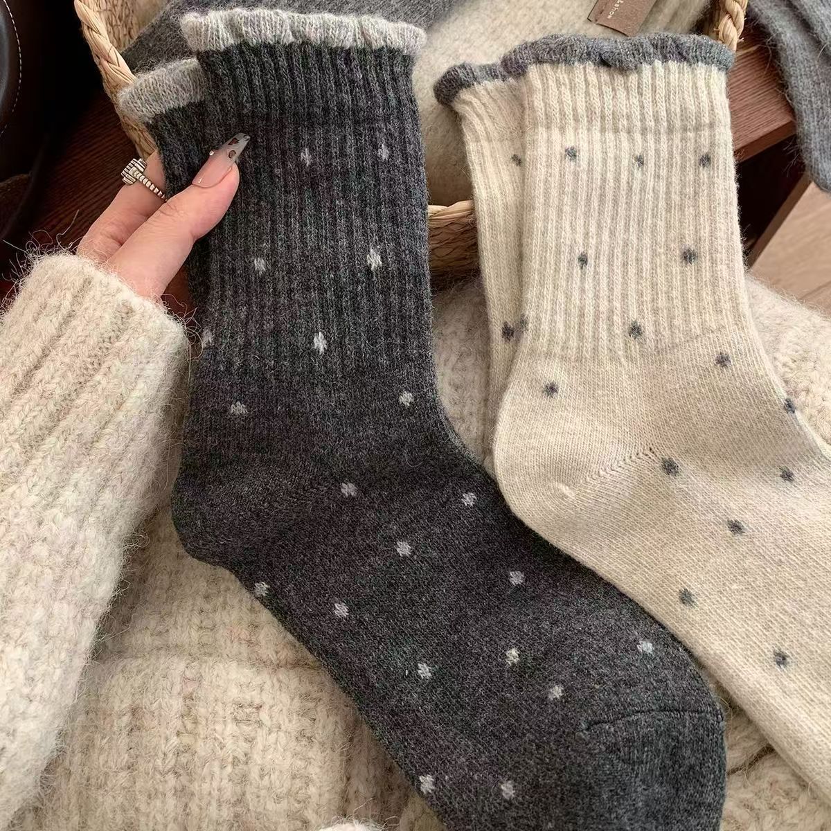 Cozy Polka Dot Crew Socks for Women | Warm Winter Socks