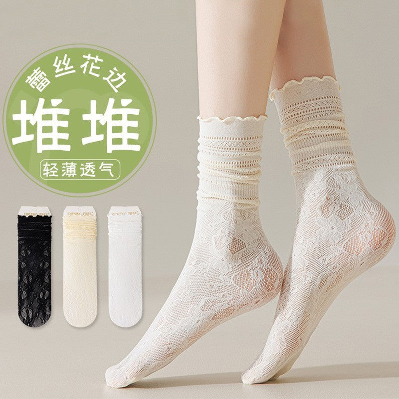 Lace Ruffle Slouch Crew Socks for Women | Breathable Summer Socks
