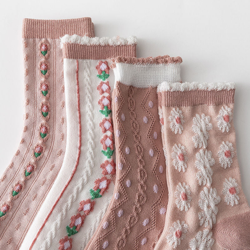 Women's Floral Pink Crew Socks | Cotton Textured Patterned Socks