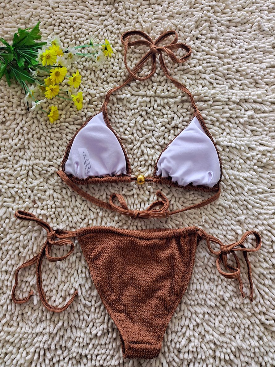Crochet Halter Tie-Side Bikini | Brown Women's Beach Swimwear