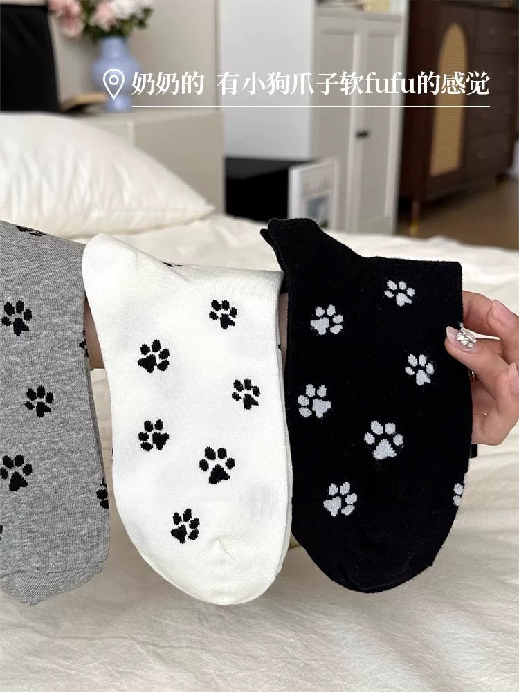 Playful Cat Paw Cotton Crew Socks for Women | Casual Patterned