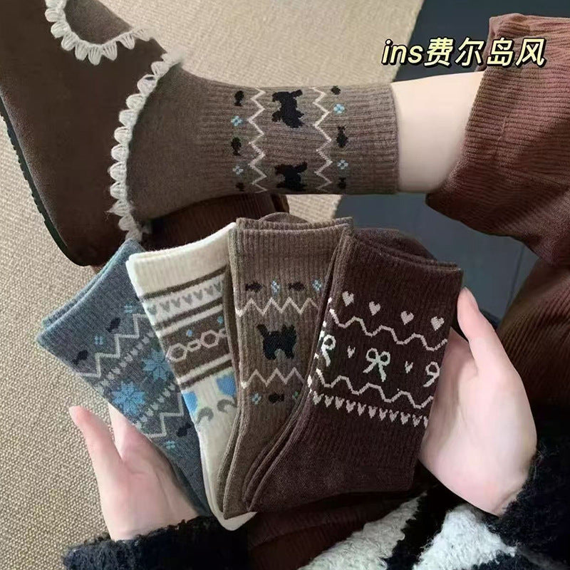 Vintage Fair Isle Crew Socks for Women | Cozy Winter Socks